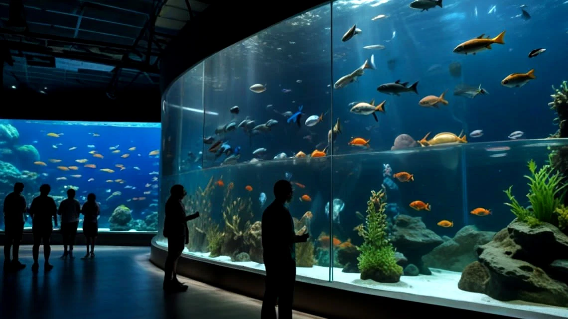 水族館觀景窗內的魚群與水下環境